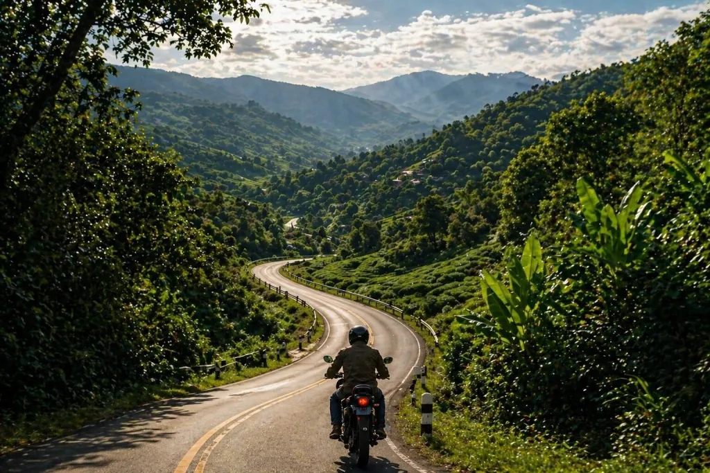 A rider on a mountain road winding through tea plantations near Mae Salong
